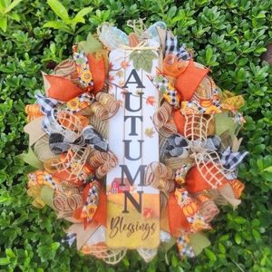 Autumn Blessings Wreath, Deco Mesh Wreath, Handmade Door Wreath.